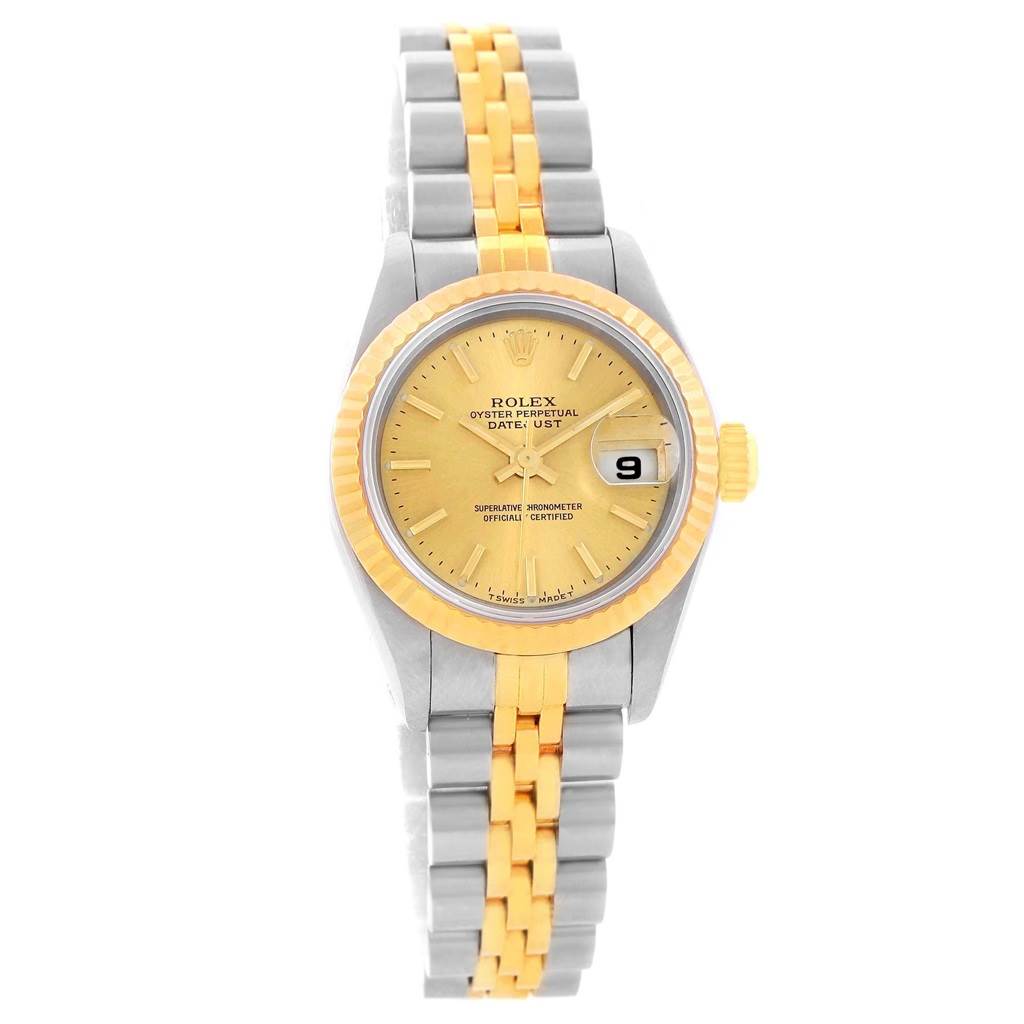 The image shows a Rolex Datejust 69173 Women's Stainless Steel Champagne Dial 69173 Women's Stainless Steel Champagne Dial watch from a top-down angle, displaying its dial, bezel, and bracelet.