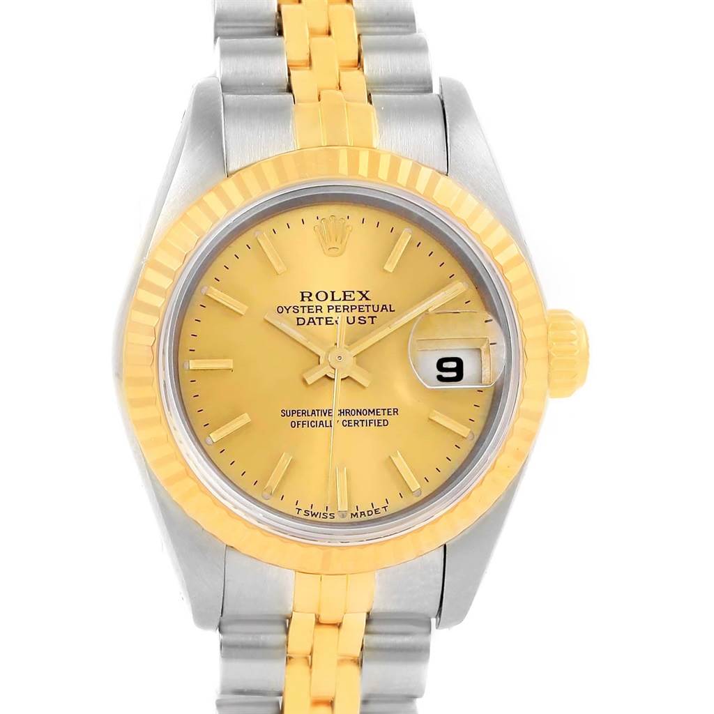 The image shows a front view of a Rolex Datejust 69173 Women's Stainless Steel Champagne Dial 69173 Women's Stainless Steel Champagne Dial watch, highlighting its face, bezel, crown, and bracelet.