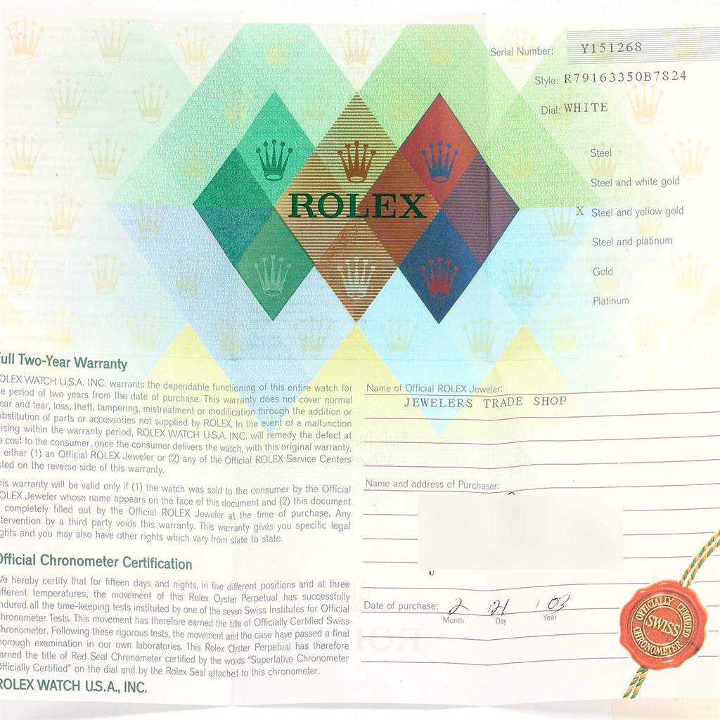 The image shows the warranty certificate for a Rolex Datejust 79163 Women's Steel and Gold (two tone) Silver Dial 79163 Women's Steel and Gold (two tone) Silver Dial model watch, detailing the model information, material, and purchase date.