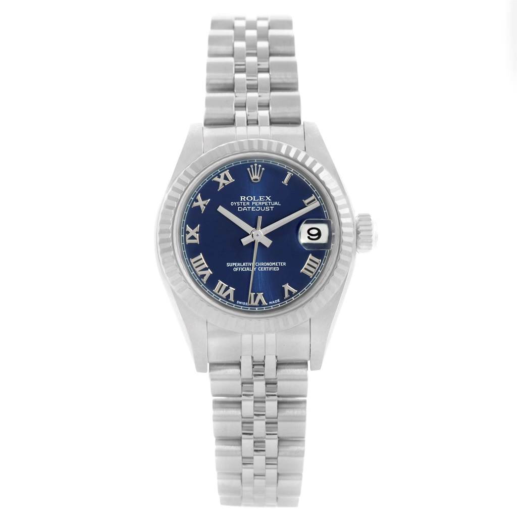 This image shows the Rolex Datejust 69174 Women's Stainless Steel Blue Dial 69174 Women's Stainless Steel Blue Dial watch from a front angle, featuring its face, bezel, and bracelet.