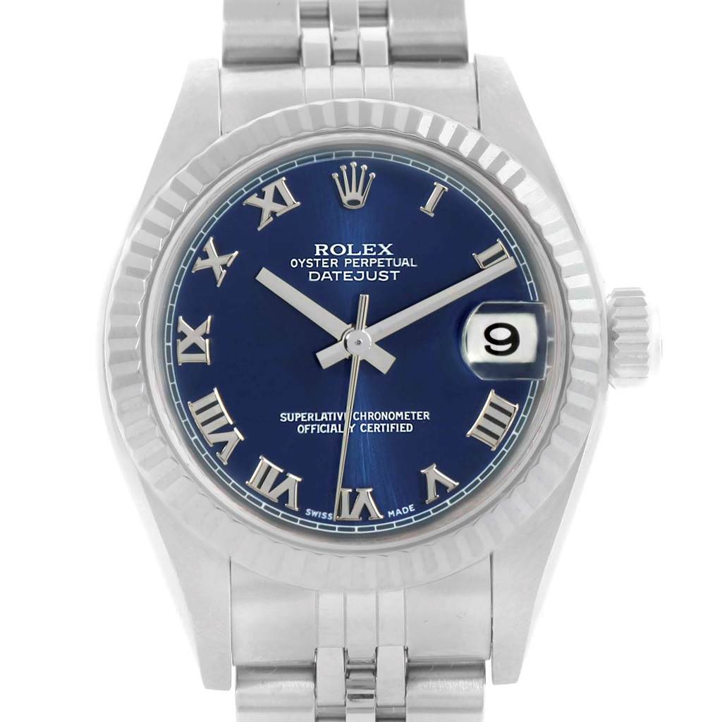This image shows a front view of a Rolex Datejust 69174 Women's Stainless Steel Blue Dial 69174 Women's Stainless Steel Blue Dial watch, highlighting its blue dial, Roman numerals, and date window.