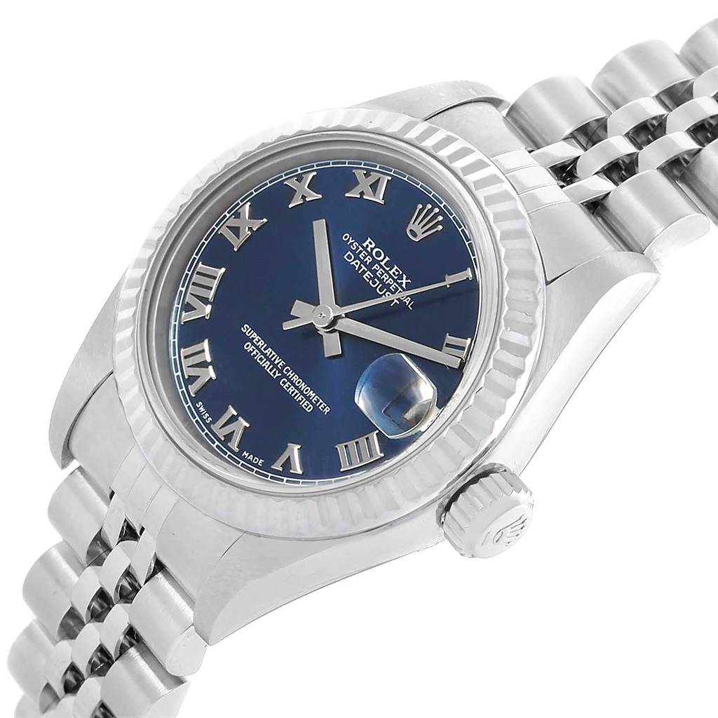 The image shows a close-up, angled view of a Rolex Datejust 69174 Women's Stainless Steel Blue Dial 69174 Women's Stainless Steel Blue Dial watch, highlighting the dial, bezel, crown, and part of the bracelet.