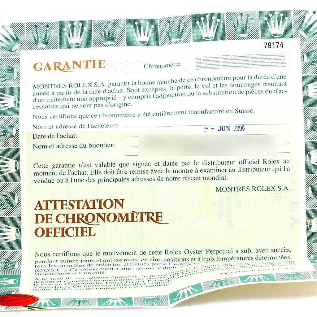 The image shows a warranty certificate for a Rolex Datejust 79174 Women
s Stainless Steel Silver Dial 79174 Women
s Stainless Steel Silver Dial model, highlighting purchase details and official chronometer certification.