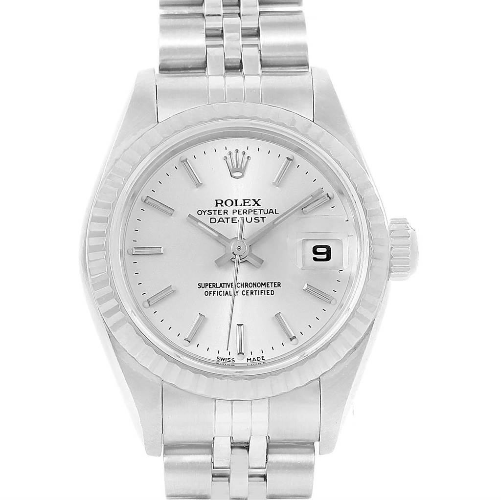 This image shows a front view of a Rolex Datejust 79174 Women
s Stainless Steel Silver Dial 79174 Women
s Stainless Steel Silver Dial watch, highlighting the dial, fluted bezel, and bracelet.