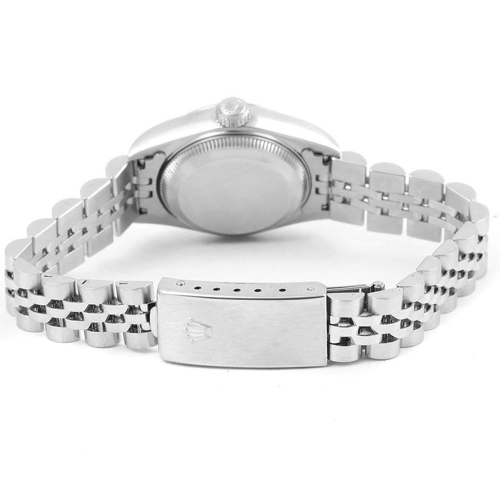 This image shows the back view of a Rolex Datejust 79174 Women
s Stainless Steel Silver Dial 79174 Women
s Stainless Steel Silver Dial watch, including its closed case back and the bracelet with a clasp.