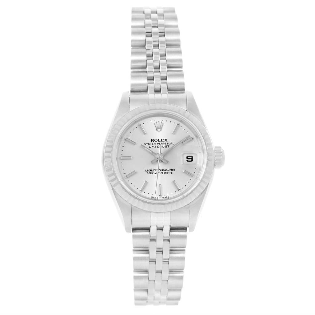 The image shows a front view of a Rolex Datejust 79174 Women
s Stainless Steel Silver Dial 79174 Women
s Stainless Steel Silver Dial watch, displaying the dial, bezel, crown, and bracelet.