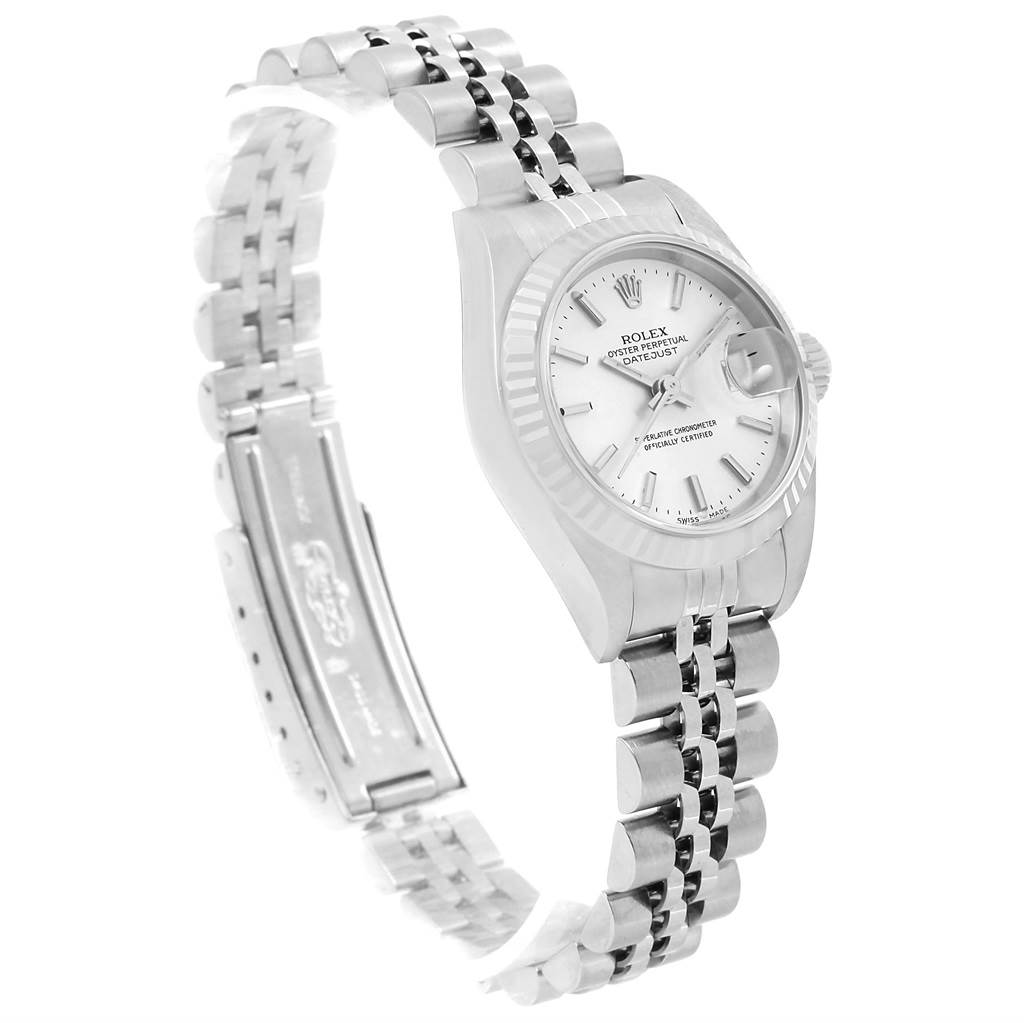 This image shows a Rolex Datejust 79174 Women
s Stainless Steel Silver Dial 79174 Women
s Stainless Steel Silver Dial watch at an angle with a clear view of the dial, bracelet, and clasp.