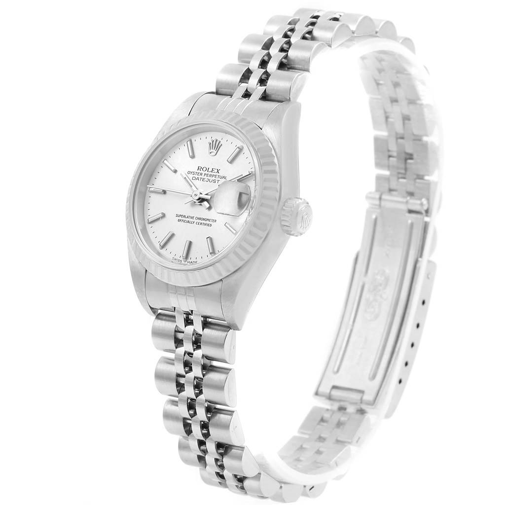 The image shows a Rolex Datejust 79174 Women
s Stainless Steel Silver Dial 79174 Women
s Stainless Steel Silver Dial watch at a slight angle, displaying its face, bezel, and bracelet.