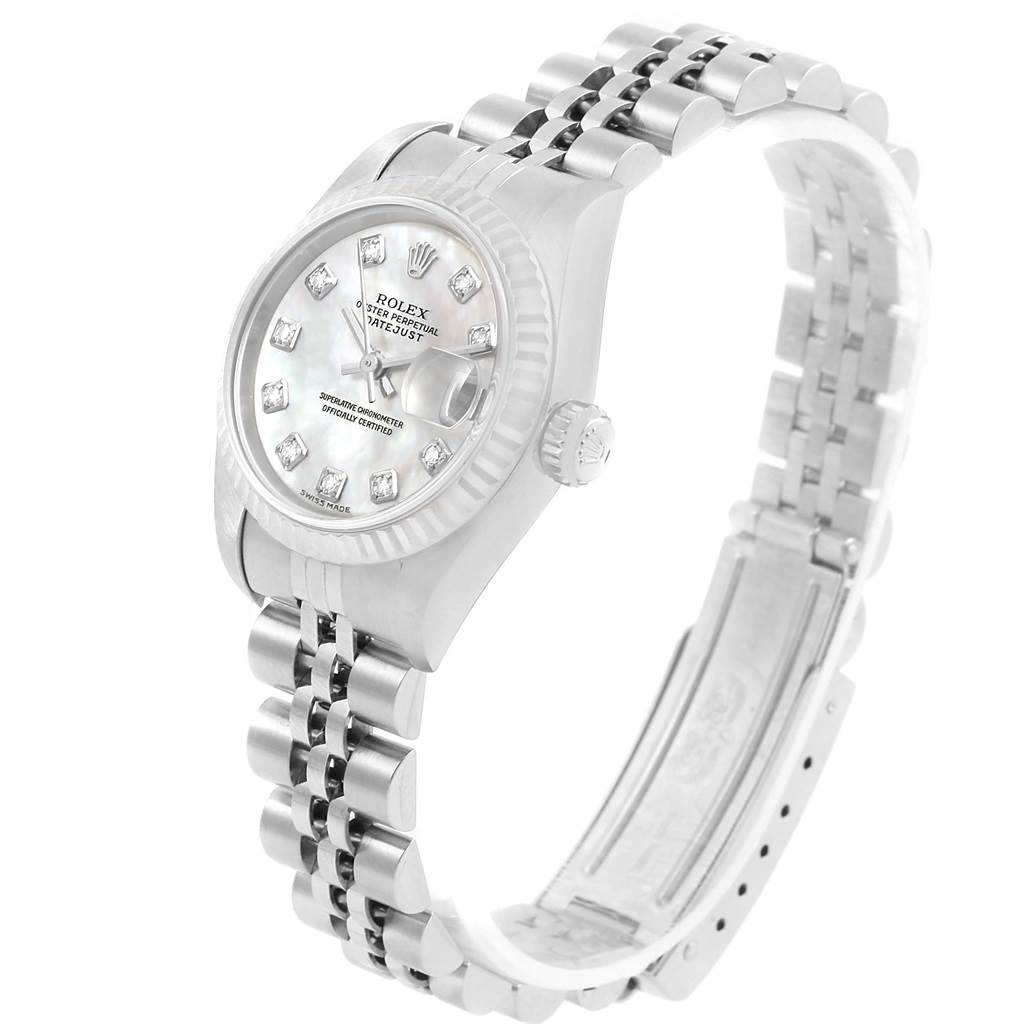 The image shows a Rolex Datejust 79174 Women's Stainless Steel Mother of Pearl Dial 79174 Women's Stainless Steel Mother of Pearl Dial watch at a slight angle, highlighting its face, bezel, crown, and bracelet.