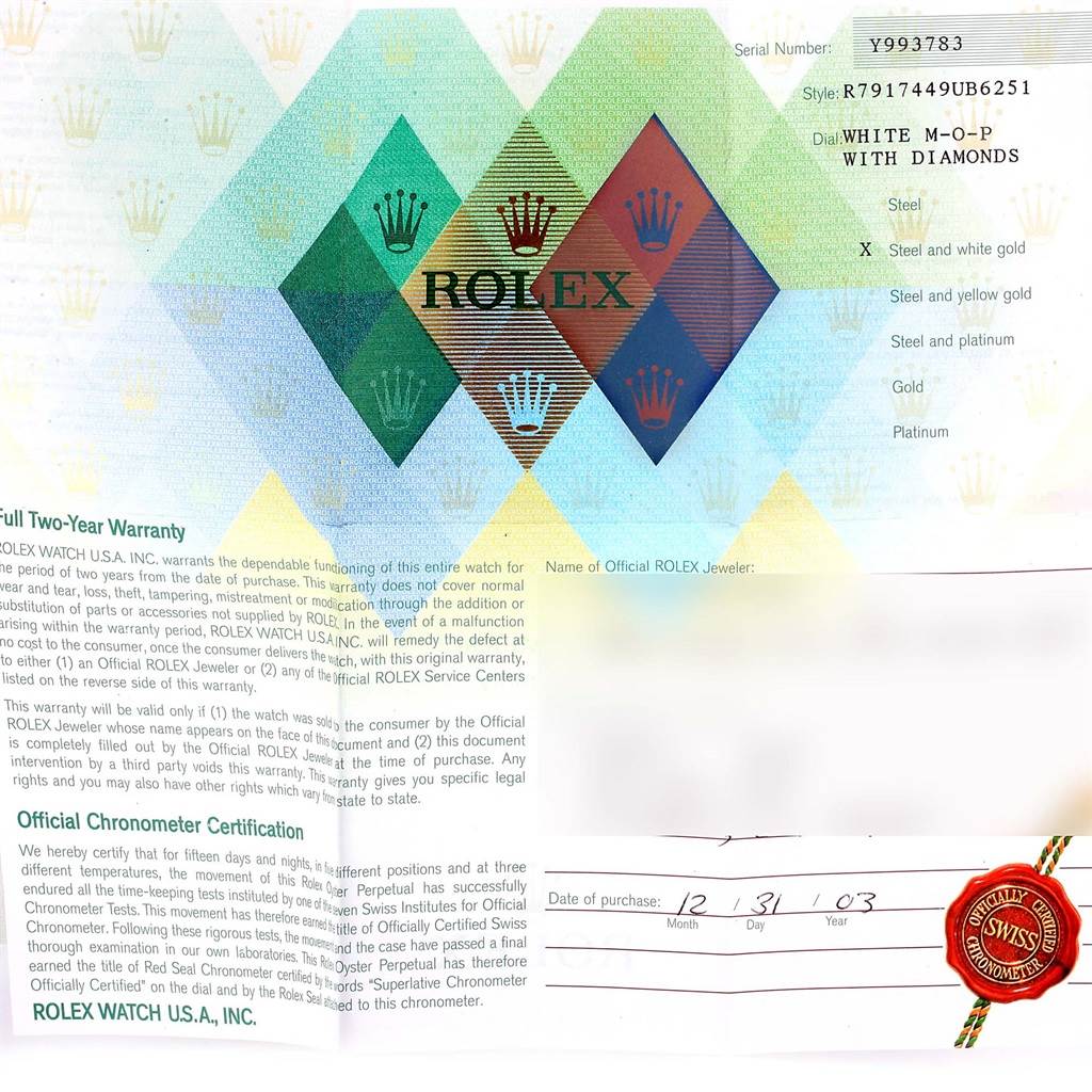 This image shows the warranty and certification documents for a Rolex Datejust 79174 Women's Stainless Steel Mother of Pearl Dial 79174 Women's Stainless Steel Mother of Pearl Dial watch.