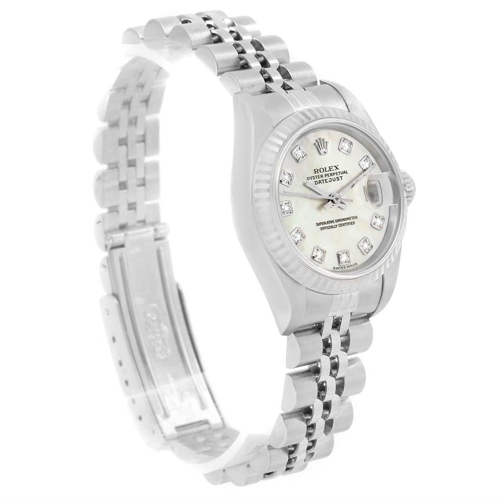 The image shows a side angle of a Rolex Datejust 79174 Women's Stainless Steel Mother of Pearl Dial 79174 Women's Stainless Steel Mother of Pearl Dial watch, highlighting its face, bezel, bracelet, and clasp.