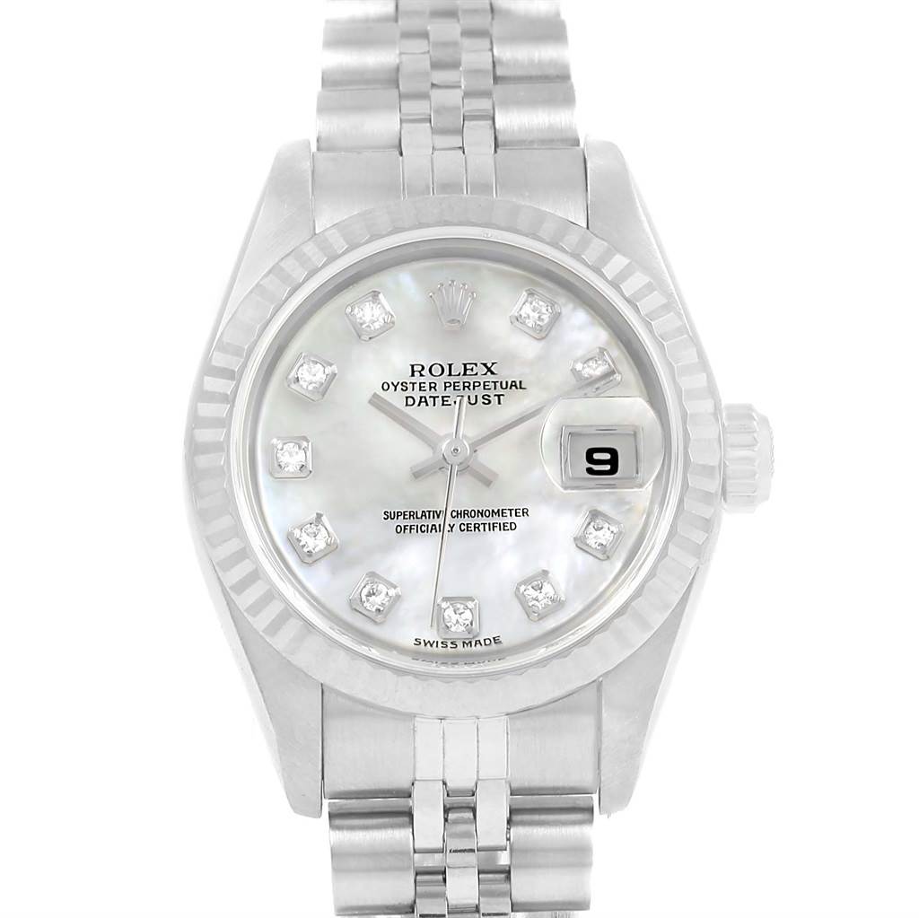This image shows a front view of a Rolex Datejust 79174 Women's Stainless Steel Mother of Pearl Dial 79174 Women's Stainless Steel Mother of Pearl Dial watch, highlighting its dial, diamond hour markers, fluted bezel, and bracelet.
