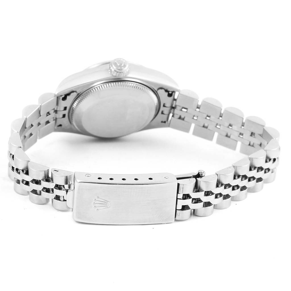 This image shows the back case and bracelet clasp of a Rolex Datejust 79174 Women's Stainless Steel Mother of Pearl Dial 79174 Women's Stainless Steel Mother of Pearl Dial watch from a rear angle.