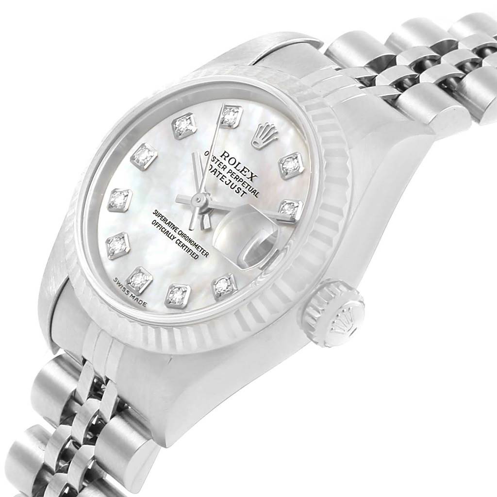 This image shows a close-up angle of a Rolex Datejust 79174 Women's Stainless Steel Mother of Pearl Dial 79174 Women's Stainless Steel Mother of Pearl Dial, highlighting the dial, crown, and part of the bracelet.