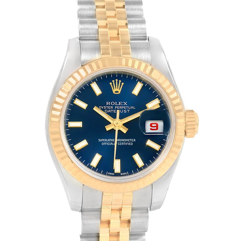 This image shows the front view of a Rolex Datejust 179173 Women's Steel and Gold (two tone) Blue Dial 179173 Women's Steel and Gold (two tone) Blue Dial watch, displaying the dial, bezel, hands, crown, and part of the bracelet.
