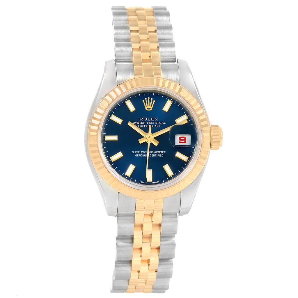 This Rolex Datejust 179173 Women's Steel and Gold (two tone) Blue Dial 179173 Women's Steel and Gold (two tone) Blue Dial watch is shown from a straight-on angle featuring the dial, two-tone bracelet, and distinctive fluted bezel.