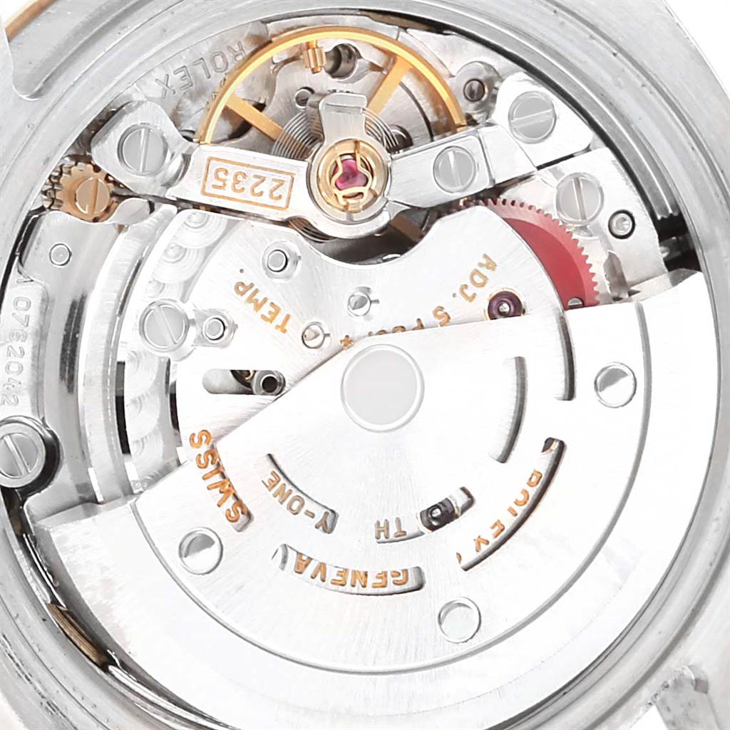 This image shows the intricate internal movement of a Rolex Datejust 179173 Women's Steel and Gold (two tone) Blue Dial 179173 Women's Steel and Gold (two tone) Blue Dial watch viewed from the back.