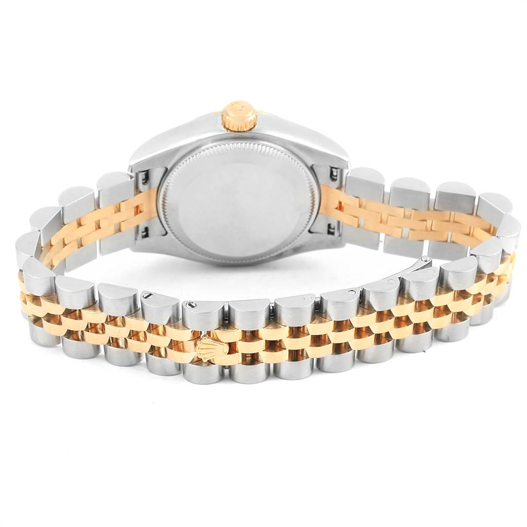 This image shows the back view of a Rolex Datejust 179173 Women's Steel and Gold (two tone) Blue Dial 179173 Women's Steel and Gold (two tone) Blue Dial, highlighting its case back and two-tone bracelet.