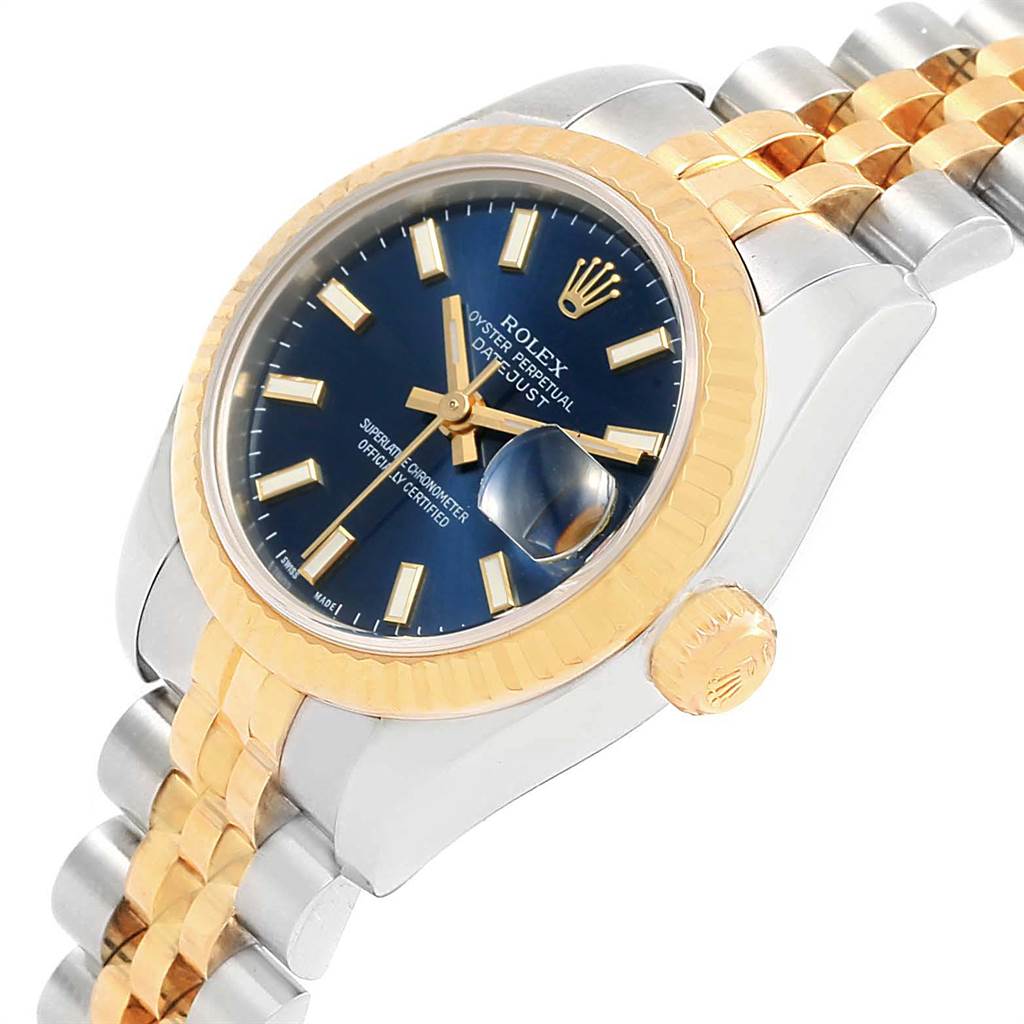 This image shows the front and part of the bracelet of the Rolex Datejust 179173 Women's Steel and Gold (two tone) Blue Dial 179173 Women's Steel and Gold (two tone) Blue Dial watch, highlighting the dial, bezel, and crown.