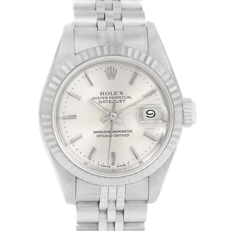 The image shows a frontal view of a Rolex Datejust watch, displaying the dial, date window, and part of the bracelet.