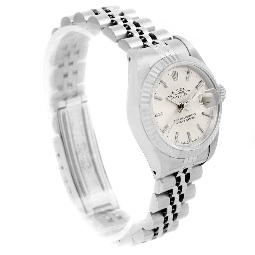 This image shows a side angle of a Rolex Datejust 69174 Women's Stainless Steel Silver Dial 69174 Women's Stainless Steel Silver Dial watch, highlighting the bracelet, case, dial, and crown.