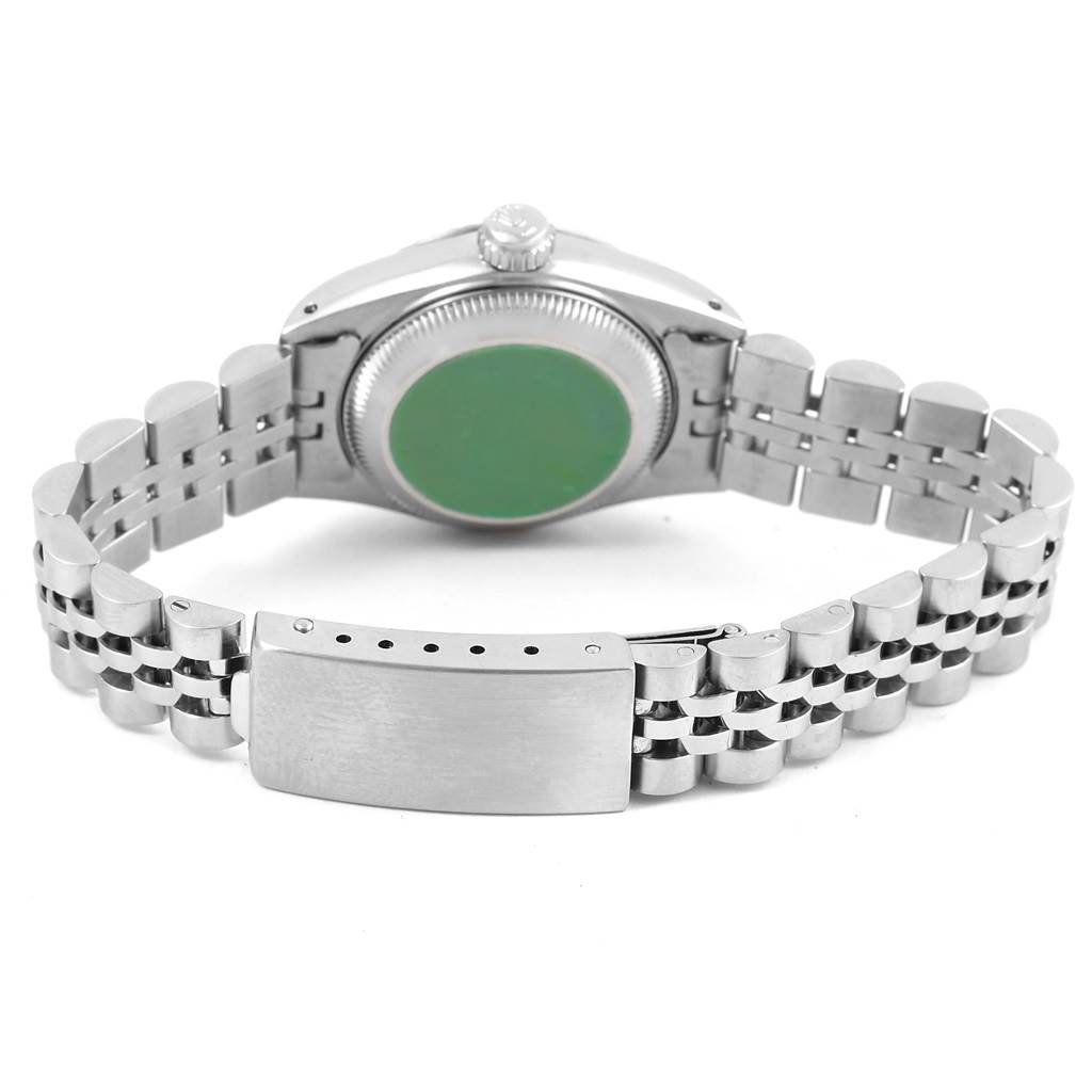 The image shows the back view of a Rolex Datejust 69174 Women's Stainless Steel Silver Dial 69174 Women's Stainless Steel Silver Dial watch, highlighting the bracelet, clasp, and case back.