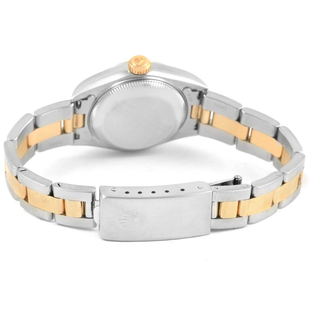 The image shows the Rolex Datejust 79163 Women's Steel and Gold (two tone) White Dial 79163 Women's Steel and Gold (two tone) White Dial watch from the back, highlighting its clasp, case, and two-tone bracelet.