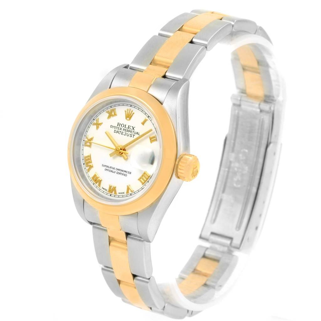 The image shows a Rolex Datejust 79163 Women's Steel and Gold (two tone) White Dial 79163 Women's Steel and Gold (two tone) White Dial watch at a three-quarter angle, highlighting the dial, crown, and two-tone bracelet.