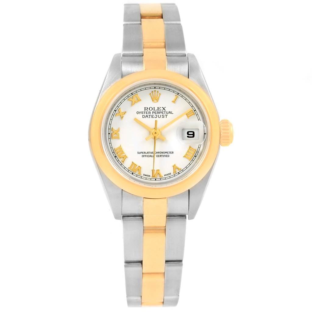 The image shows a front view of a Rolex Datejust 79163 Women's Steel and Gold (two tone) White Dial 79163 Women's Steel and Gold (two tone) White Dial watch, highlighting the face, bezel, and bracelet.