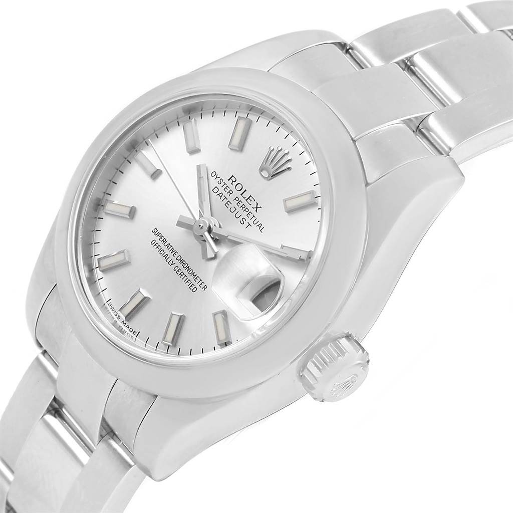 The image shows a stainless steel Rolex Datejust 179160 Women's Stainless Steel Silver Dial 179160 Women's Stainless Steel Silver Dial model watch from an angled side perspective, highlighting the dial, bezel, and part of the bracelet.