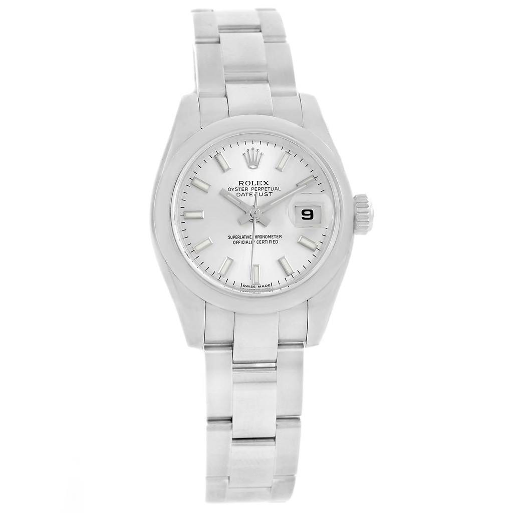 This image shows a Rolex Datejust 179160 Women's Stainless Steel Silver Dial 179160 Women's Stainless Steel Silver Dial watch from a front angle, displaying the dial, case, bracelet, and date window.