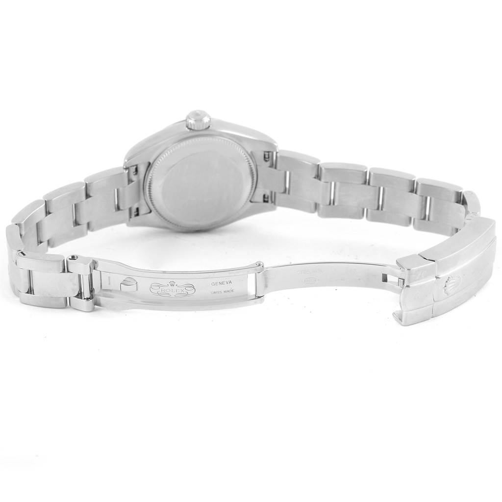 The image shows the backside and bracelet of a Rolex Datejust 179160 Women's Stainless Steel Silver Dial 179160 Women's Stainless Steel Silver Dial watch with the clasp and case back in view.