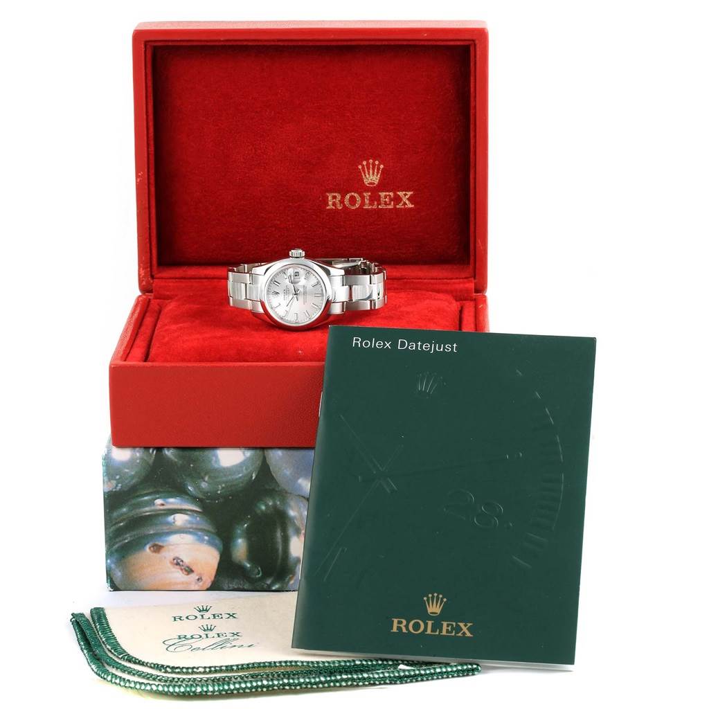 The image shows a Rolex Datejust 179160 Women's Stainless Steel Silver Dial 179160 Women's Stainless Steel Silver Dial watch in its box with a manual and accessories.