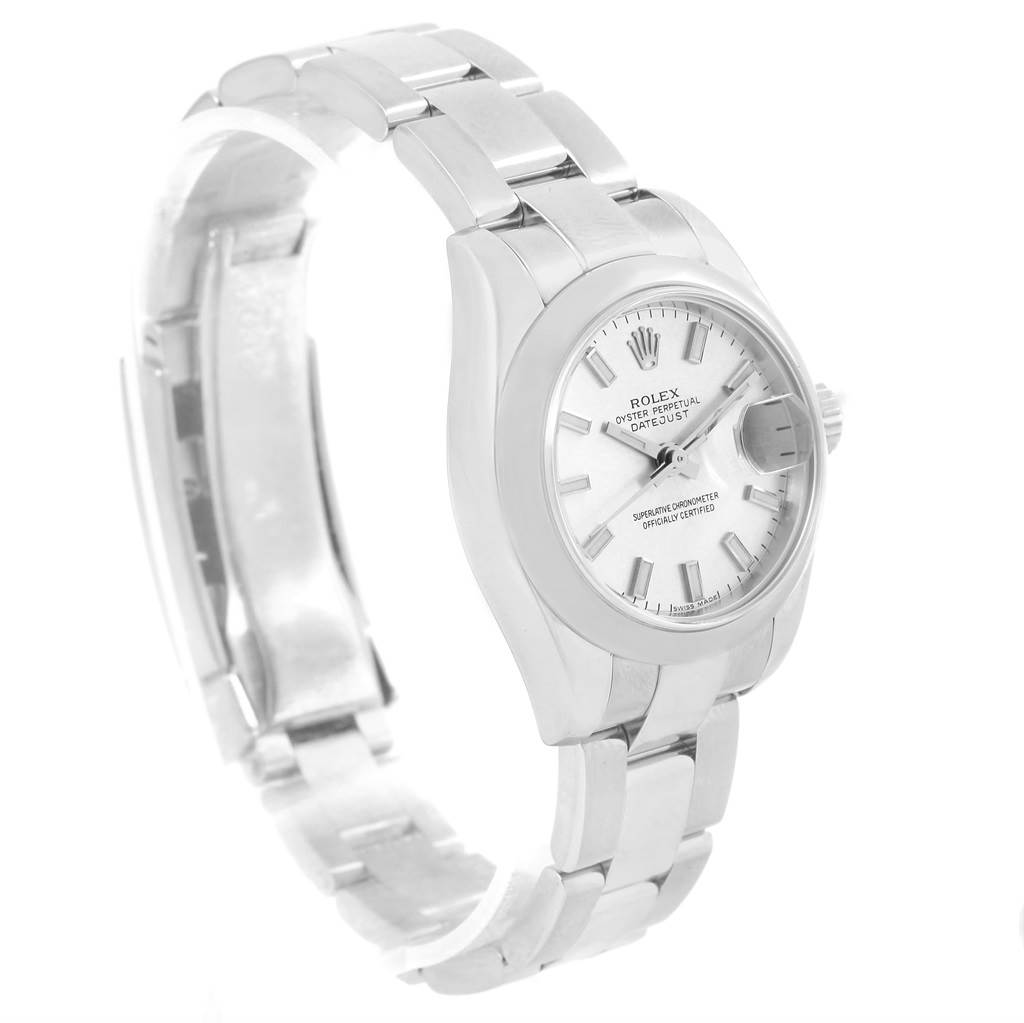 This image shows a side angle of a Rolex Datejust 179160 Women's Stainless Steel Silver Dial 179160 Women's Stainless Steel Silver Dial watch detailing the bracelet, case, and watch face.