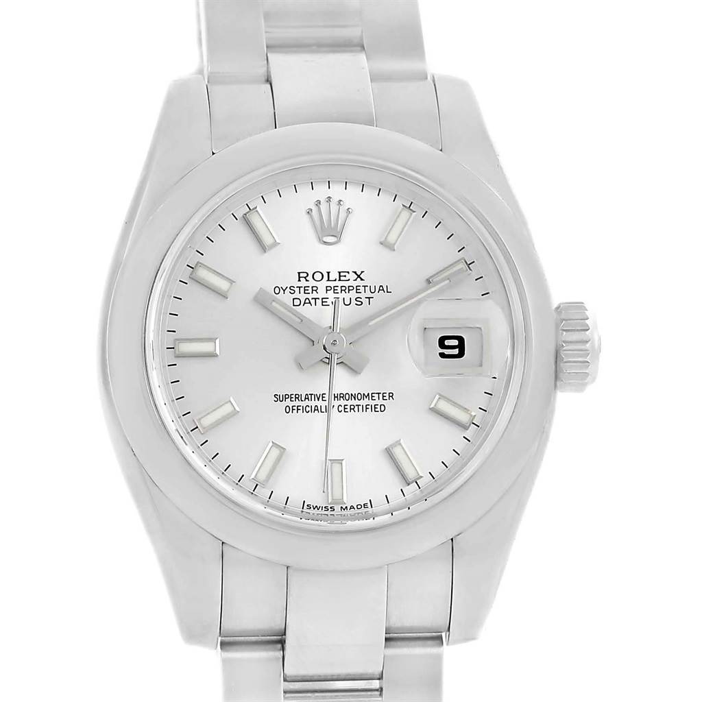 The image shows a front view of the Rolex Datejust 179160 Women's Stainless Steel Silver Dial 179160 Women's Stainless Steel Silver Dial watch, focusing on the dial, hour markers, hands, date window, and bracelet.