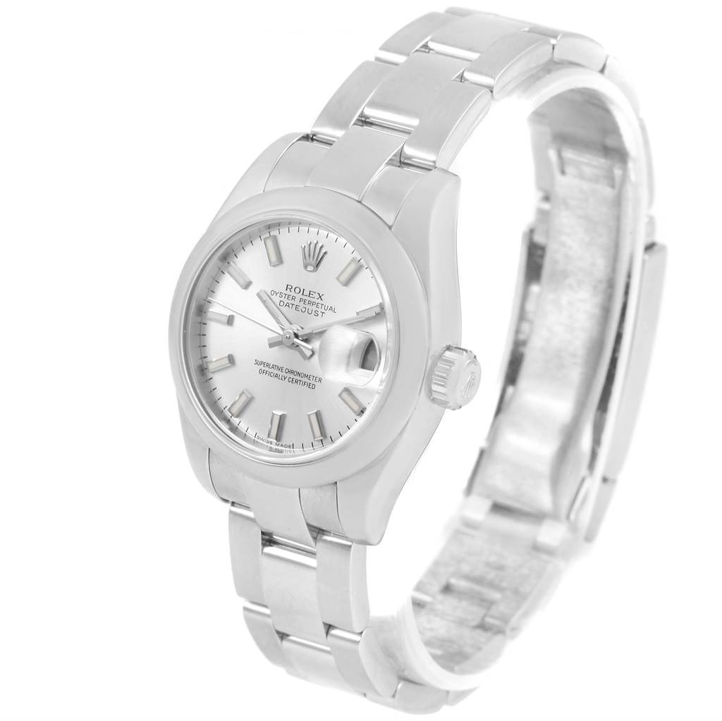 This image shows a Rolex Datejust 179160 Women's Stainless Steel Silver Dial 179160 Women's Stainless Steel Silver Dial watch from a front angle, featuring the dial, bezel, bracelet, and crown.