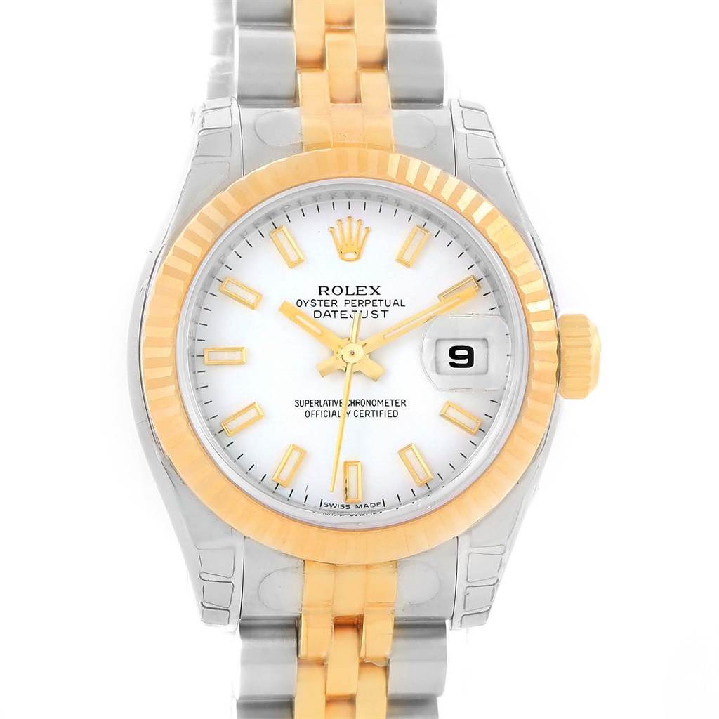 The image shows a Rolex Datejust 179173 Women's Steel and Gold (two tone) White Dial 179173 Women's Steel and Gold (two tone) White Dial watch from a front view, featuring a two-tone bracelet, white dial, and date window.
