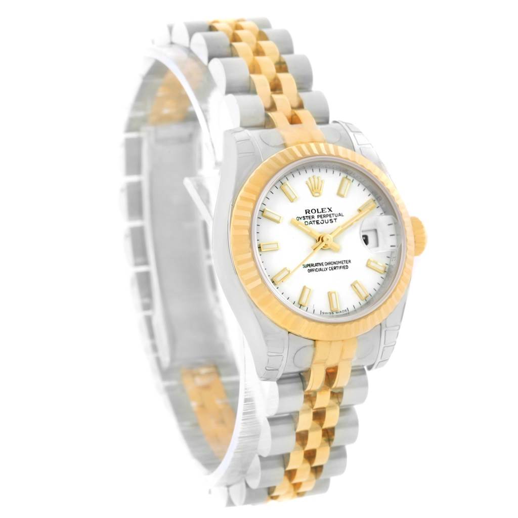 This Rolex Datejust 179173 Women's Steel and Gold (two tone) White Dial 179173 Women's Steel and Gold (two tone) White Dial model is viewed from a front angle, displaying its dial, bezel, and two-tone bracelet.