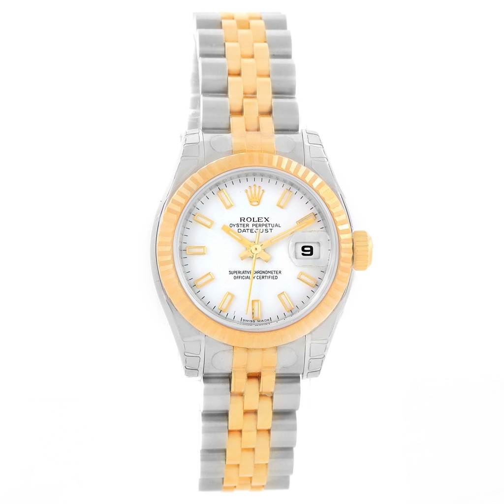 The Rolex Datejust 179173 Women's Steel and Gold (two tone) White Dial 179173 Women's Steel and Gold (two tone) White Dial watch is shown from a top-down angle, displaying its face, date feature, and two-tone bracelet.