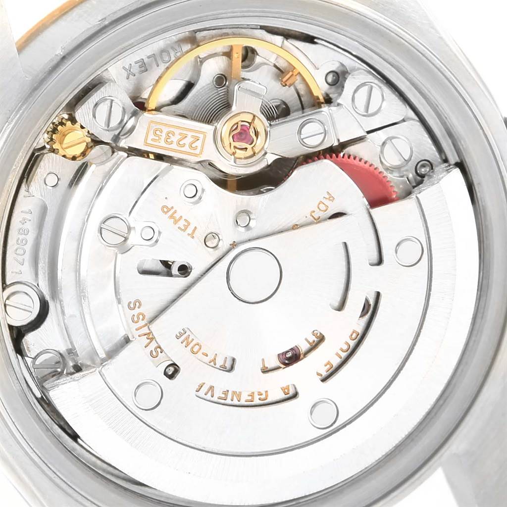 The image shows the intricate internal mechanical movement of the Rolex Datejust 79173 Women's Stainless Steel Silver Dial 79173 Women's Stainless Steel Silver Dial watch from an overhead angle.