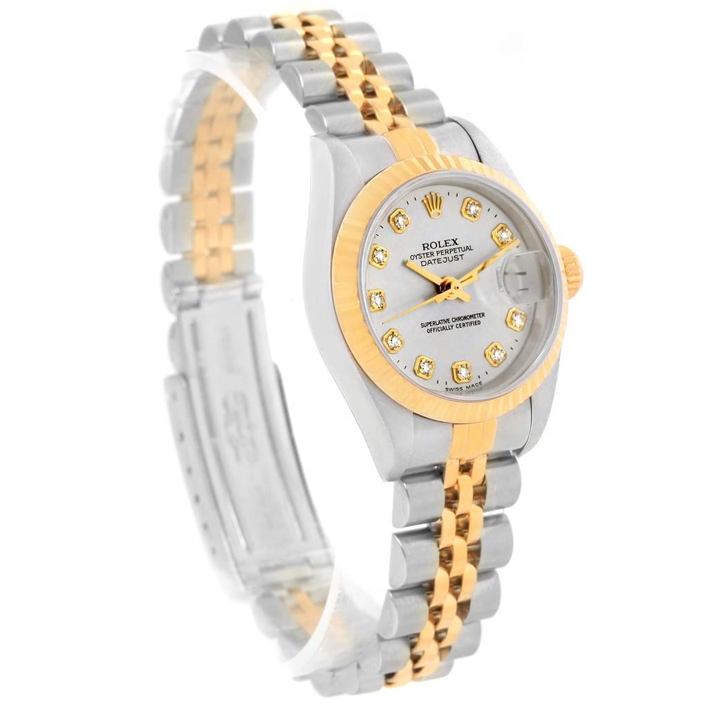 The image shows a side and partial top angle view of a Rolex Datejust 79173 Women's Stainless Steel Silver Dial 79173 Women's Stainless Steel Silver Dial watch, highlighting its two-tone bracelet and diamond-accented dial.