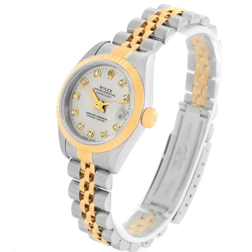 The image shows a Rolex Datejust 79173 Women's Stainless Steel Silver Dial 79173 Women's Stainless Steel Silver Dial watch at a 3/4 angle, highlighting the dial, bezel, and two-tone bracelet.