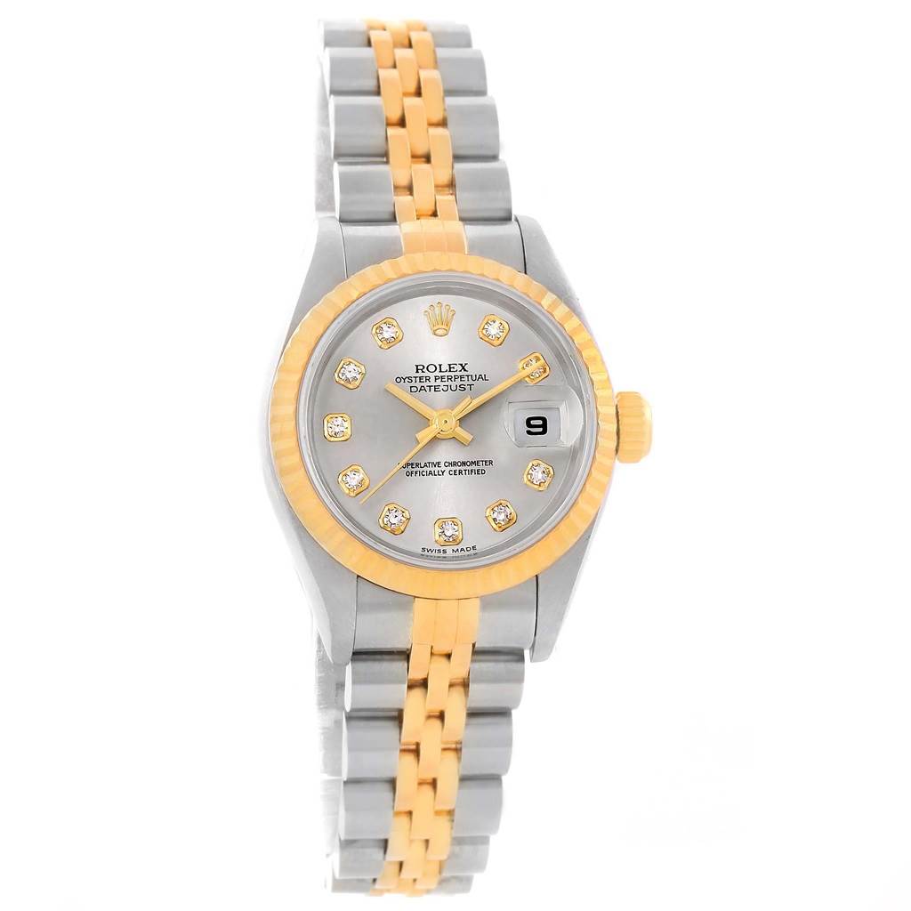 The image shows a front view of a Rolex Datejust 79173 Women's Stainless Steel Silver Dial 79173 Women's Stainless Steel Silver Dial watch, displaying the dial, bezel, crown, and bracelet.