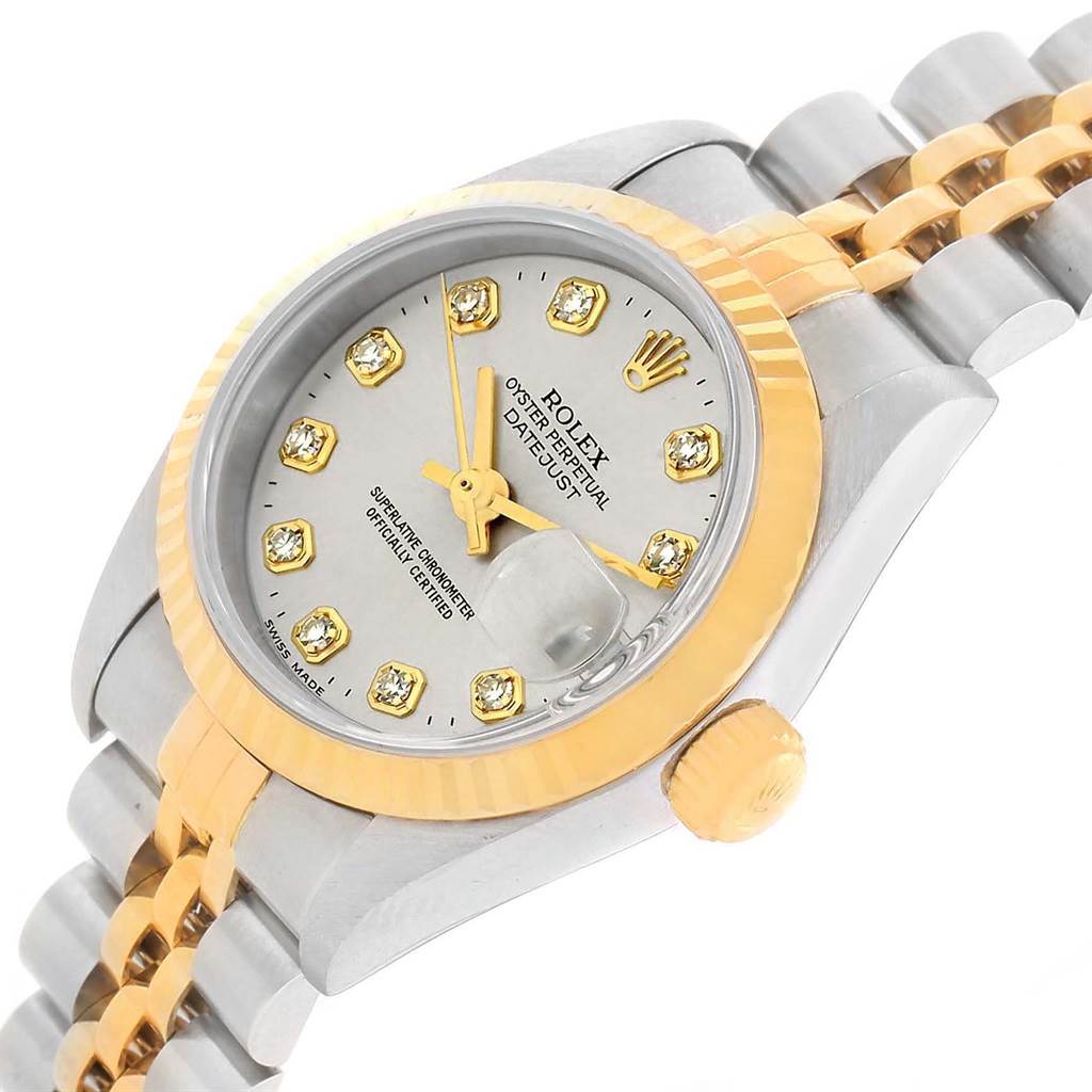 This image shows the Rolex Datejust 79173 Women's Stainless Steel Silver Dial 79173 Women's Stainless Steel Silver Dial from an angled view highlighting the watch face, bezel, crown, and part of the bracelet.