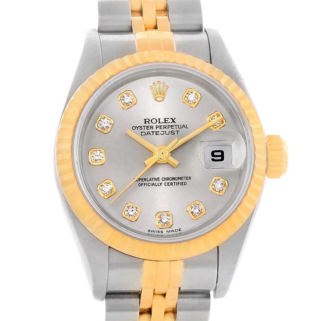 The image shows a Rolex Datejust 79173 Women's Stainless Steel Silver Dial 79173 Women's Stainless Steel Silver Dial watch from a front angle, displaying the face, bezel, and part of the bracelet.