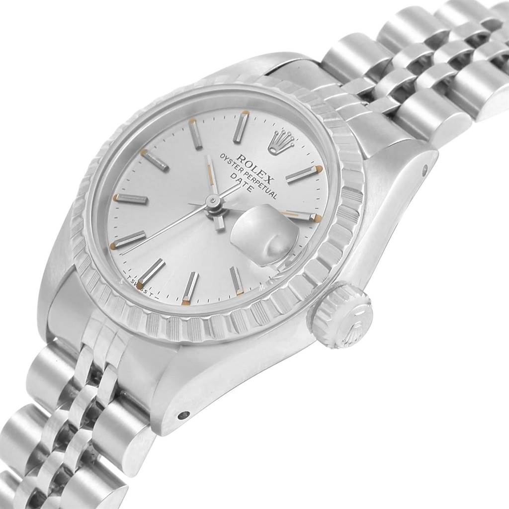 The image shows a Rolex Datejust 69240 Women's Stainless Steel Silver Dial 69240 Women's Stainless Steel Silver Dial watch viewed from a slightly tilted angle, highlighting the dial, bezel, crown, and bracelet.