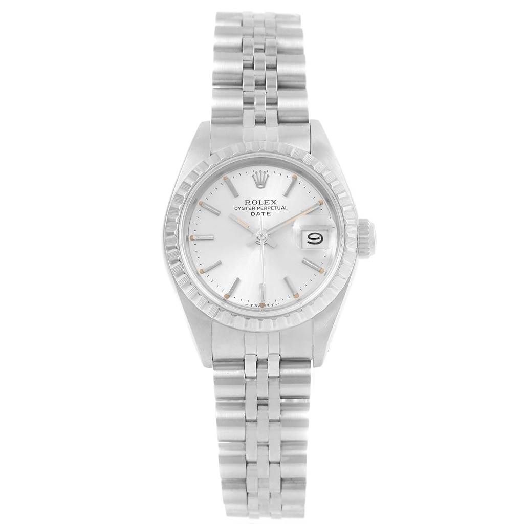 This is a straight-on view of a Rolex Datejust 69240 Women's Stainless Steel Silver Dial 69240 Women's Stainless Steel Silver Dial watch, showing the dial, bezel, and bracelet.
