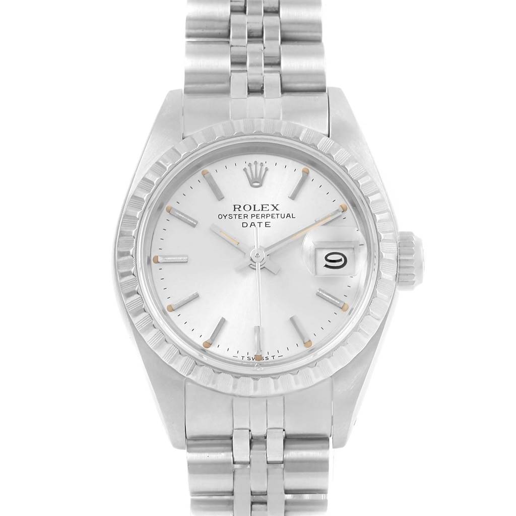 This image shows a front view of a Rolex Datejust 69240 Women's Stainless Steel Silver Dial 69240 Women's Stainless Steel Silver Dial watch, displaying the face, bezel, crown, and part of the bracelet.