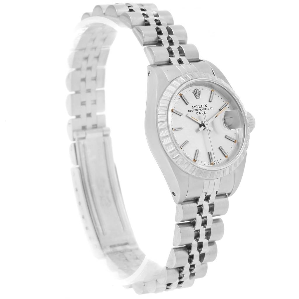 The image shows a Rolex Datejust 69240 Women's Stainless Steel Silver Dial 69240 Women's Stainless Steel Silver Dial watch angled to display the watch face, bezel, and part of the bracelet.