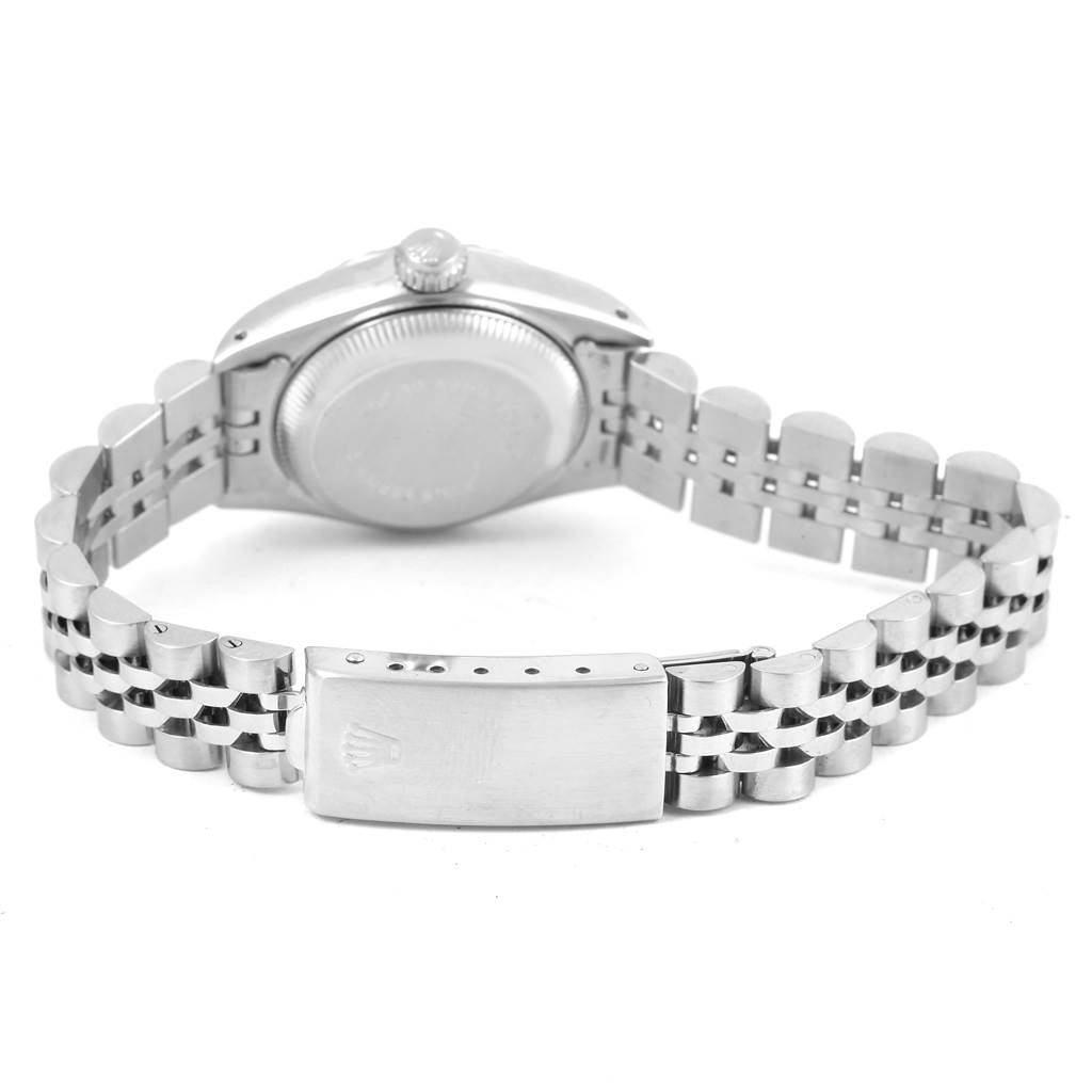 The image shows the back of a Rolex Datejust 69240 Women's Stainless Steel Silver Dial 69240 Women's Stainless Steel Silver Dial watch with its clasp and bracelet visible.